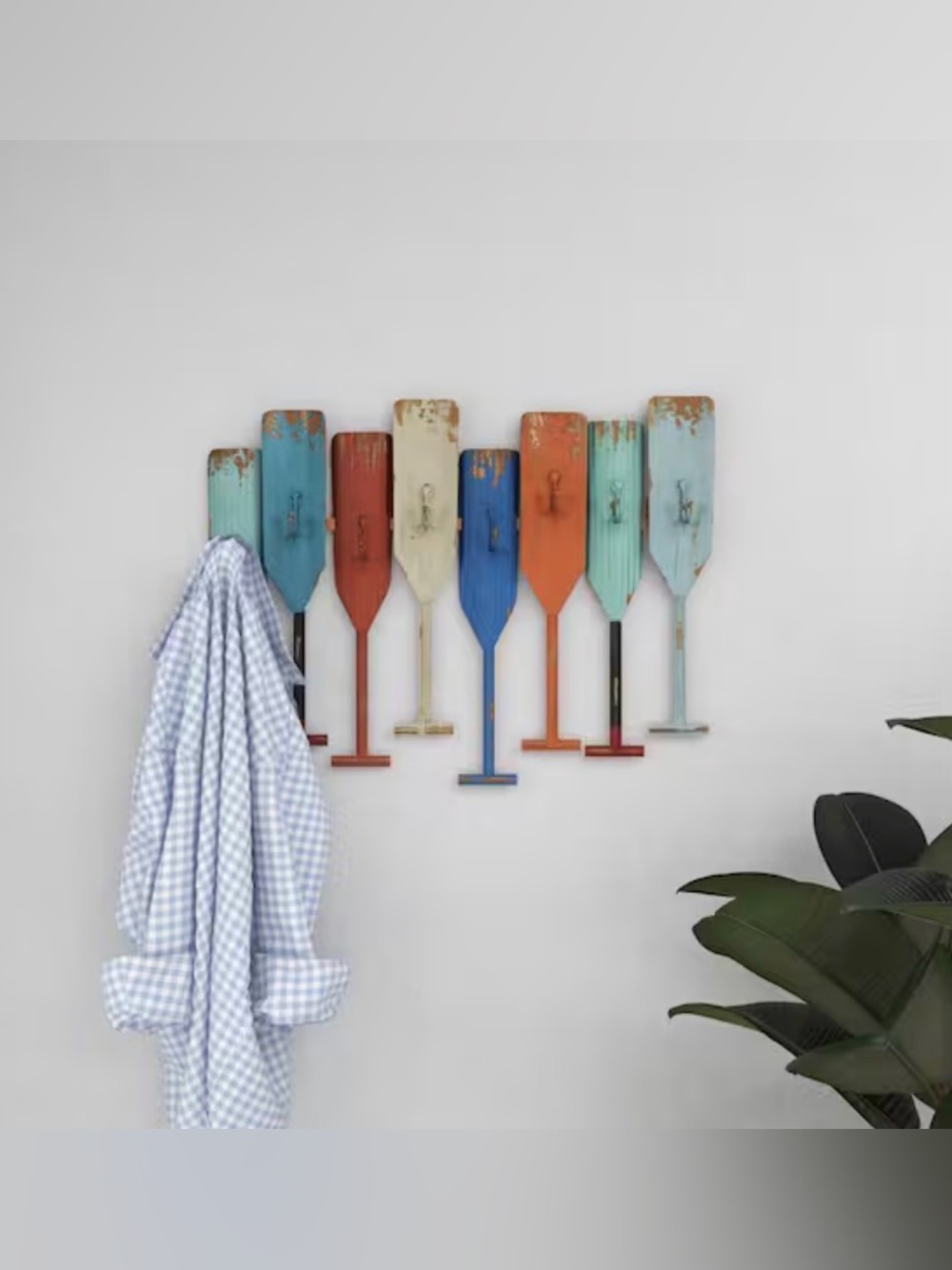 Coastal Distressed Multi-Color Oar Wall Hook Rack boathouse poolside towels - Picture 5 of 13